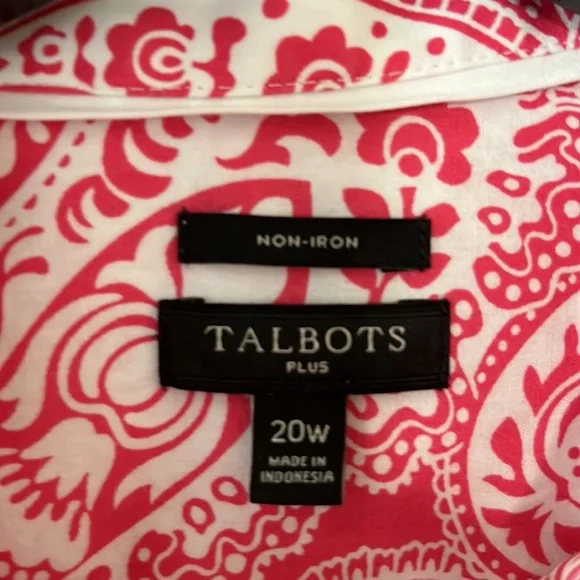Talbots Paisley Pink/White Women’s ButtonDown Long Sleeve Blouse Sz 20W Like New - Picture 2 of 7